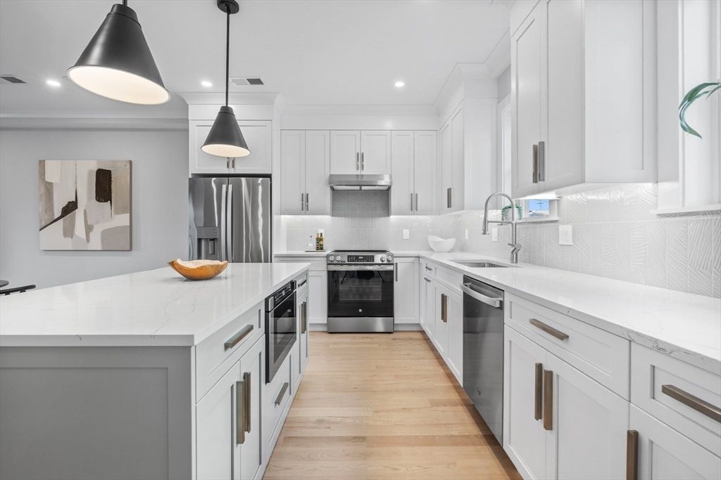 Interior, Kitchen, Pendant Lights, Recessed Lighting, Stainless Steel Appliances, Wood Texture Flooring