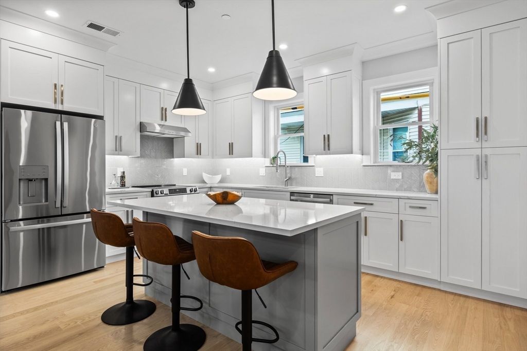 Interior, Kitchen, Pendant Lights, Recessed Lighting, Stainless Steel Appliances, Wood Texture Flooring
