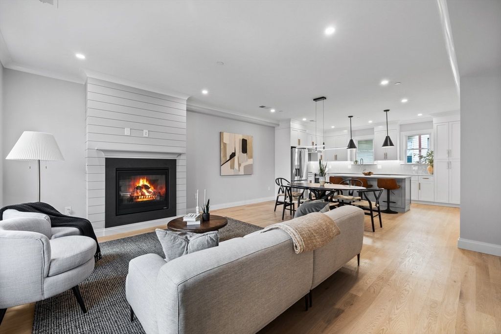 Dining room, Fireplace, Interior, Kitchen, Living room, Pendant Lights, Recessed Lighting, Wood Texture Flooring