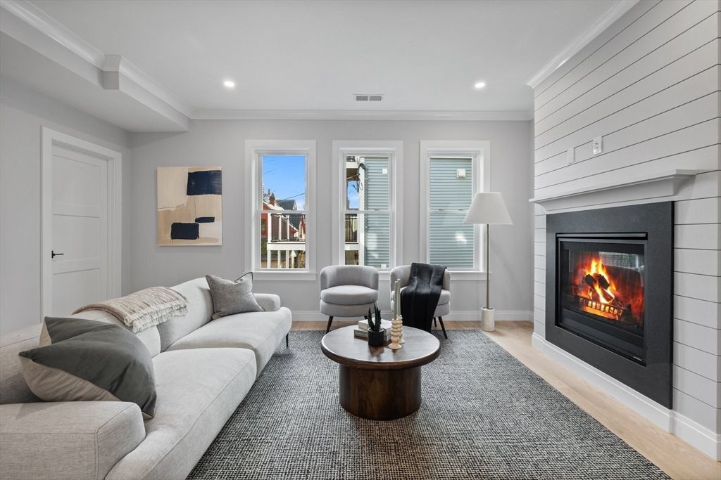 Fireplace, Interior, Living room, Recessed Lighting, Wood Texture Flooring