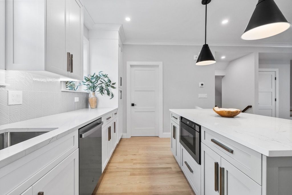 Interior, Kitchen, Pendant Lights, Recessed Lighting, Stainless Steel Appliances, Wood Texture Flooring