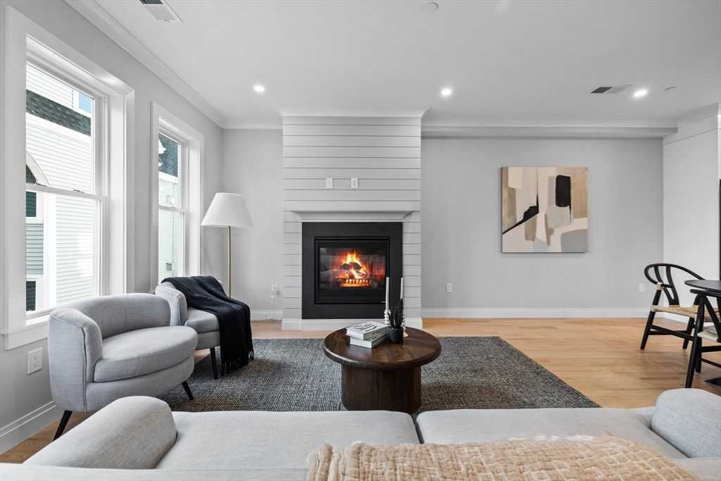 Fireplace, Interior, Living room, Recessed Lighting, Wood Texture Flooring