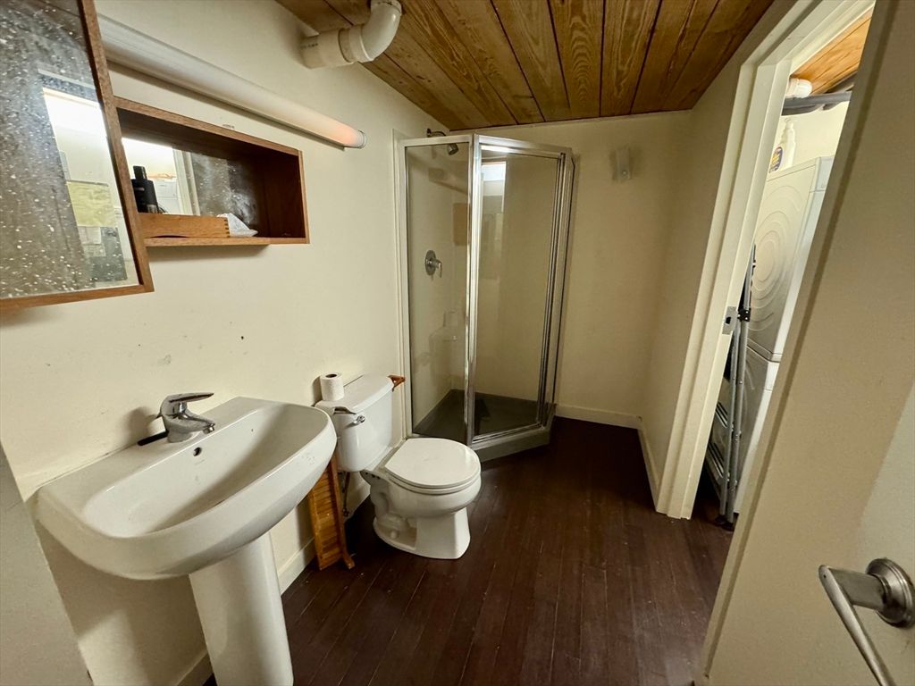Bathroom, Glass Shower, Interior, Wooden Ceilings, Wood Texture Flooring