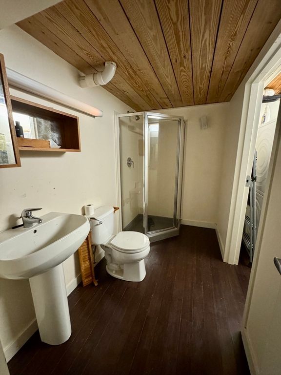 Bathroom, Glass Shower, Interior, Wooden Ceilings, Wood Texture Flooring