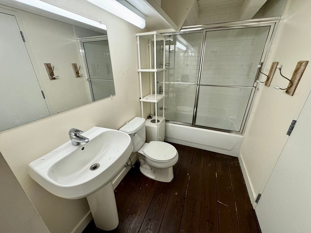 Bathroom, Glass Shower, Interior, Wood Texture Flooring