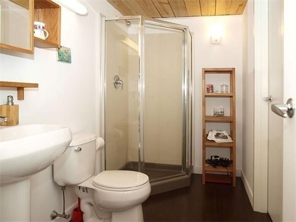Bathroom, Glass Shower, Interior, Wooden Ceilings, Wood Texture Flooring