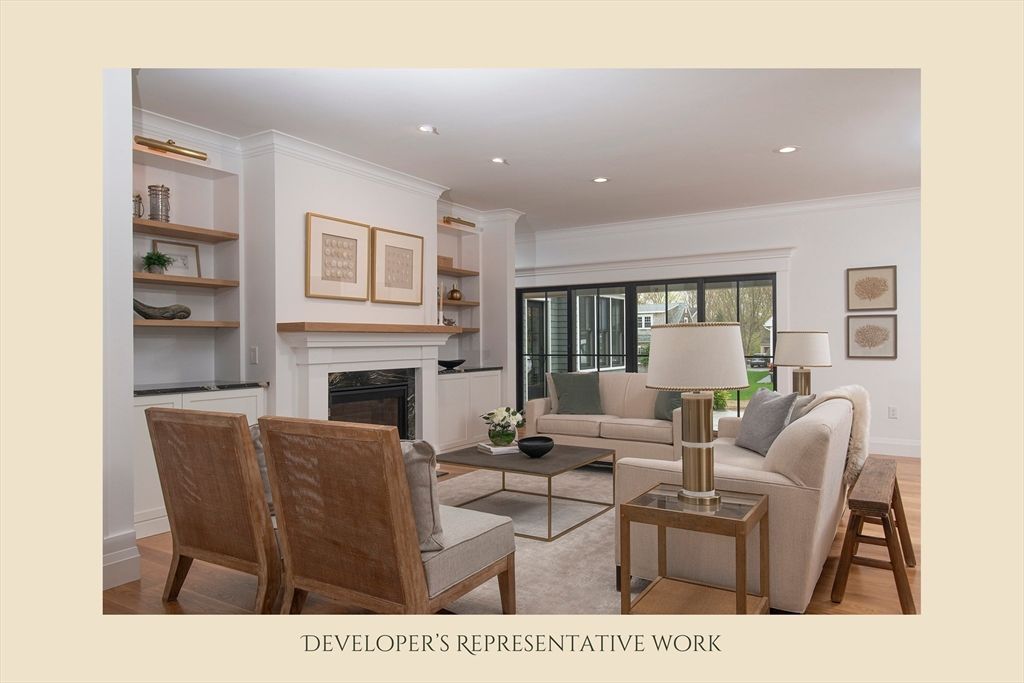 Fireplace, Interior, Living room, Recessed Lighting, Wood Texture Flooring
