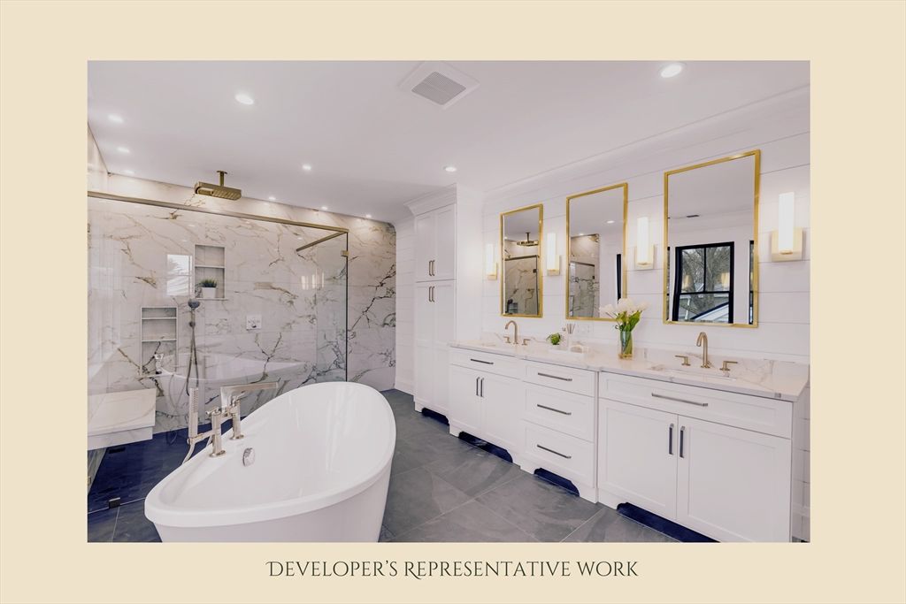 Bathroom, Dual Sink Vanities, Free Standing Baths, Interior, Marble Walls, Recessed Lighting