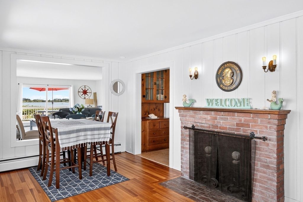 Dining room, Fireplace, Interior, Wood Texture Flooring