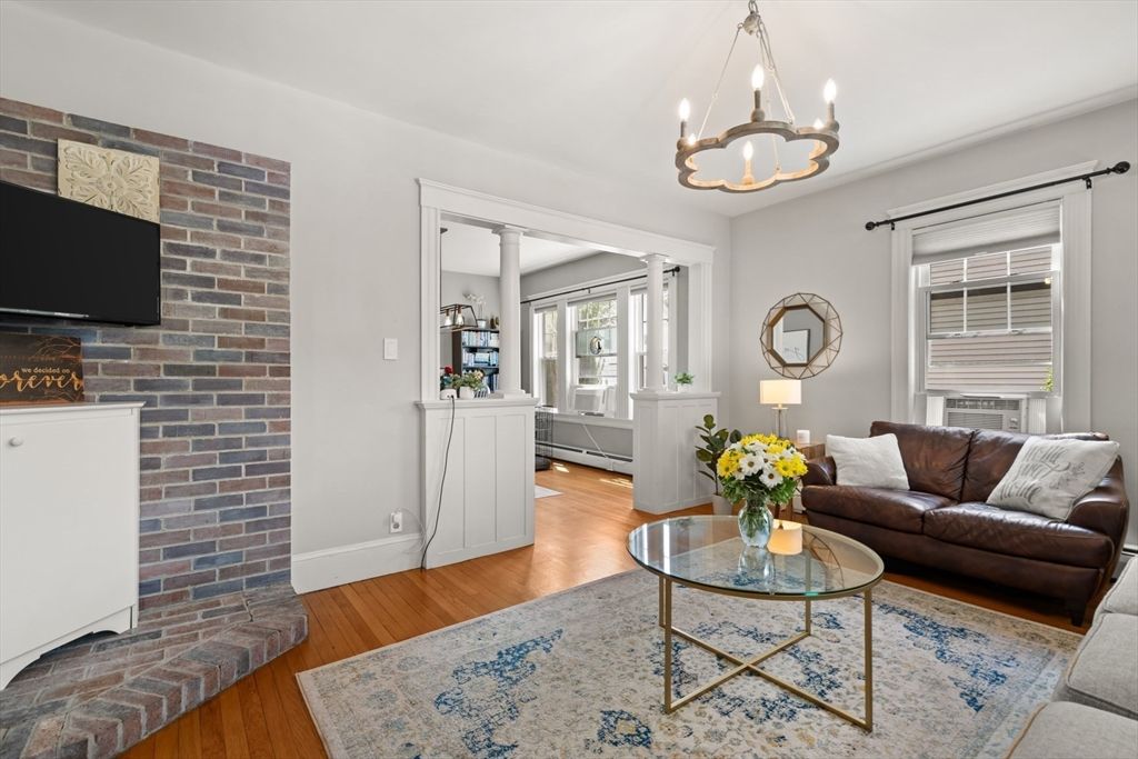 Fireplace, Interior, Living room, Pendant Lights, Stone Walls, Wood Texture Flooring