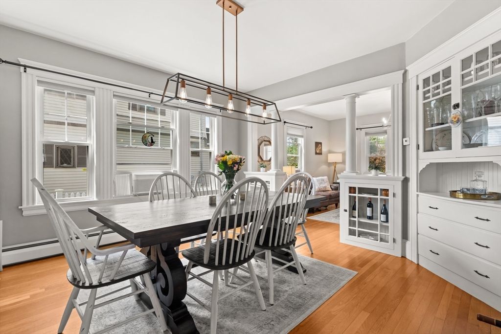 Dining room, Interior, Pendant Lights, Wood Texture Flooring