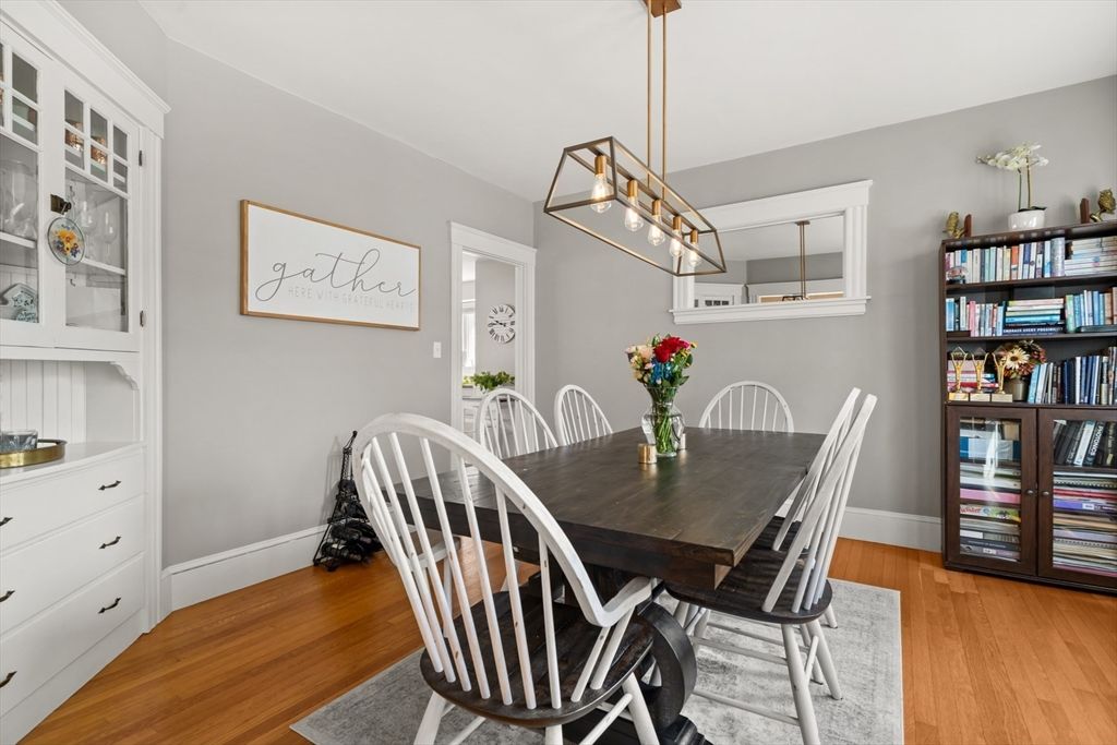 Dining room, Interior, Pendant Lights, Wood Texture Flooring