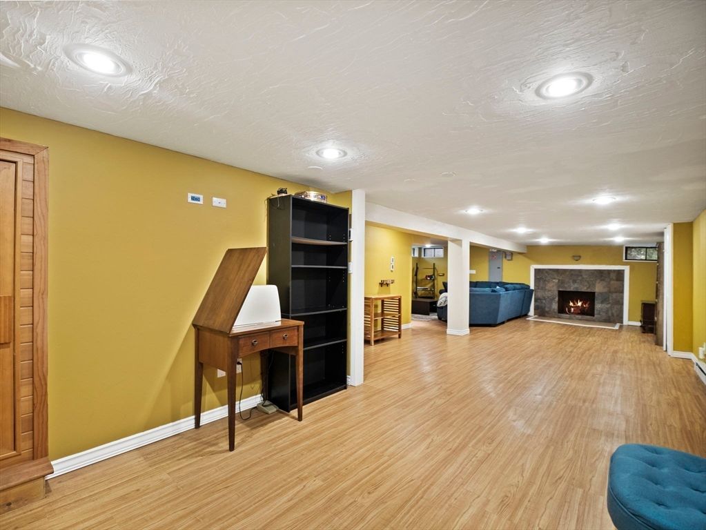 Fireplace, Interior, Recessed Lighting, Wood Texture Flooring