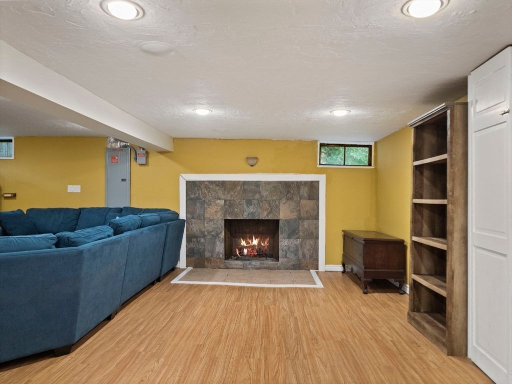 Fireplace, Interior, Living room, Recessed Lighting, Wood Texture Flooring