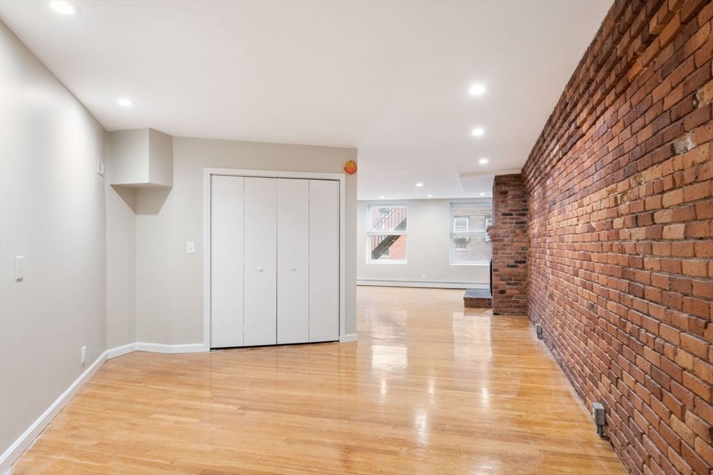 Empty room, Interior, Recessed Lighting, Stone Walls, Wood Texture Flooring