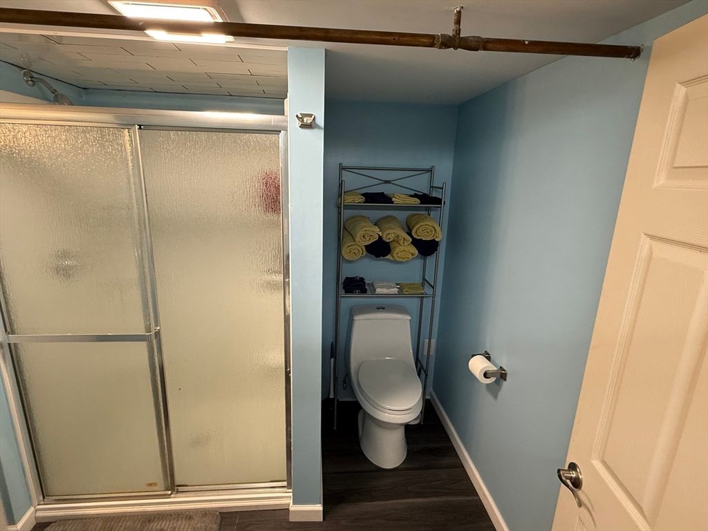Bathroom, Glass Shower, Interior, Wood Texture Flooring