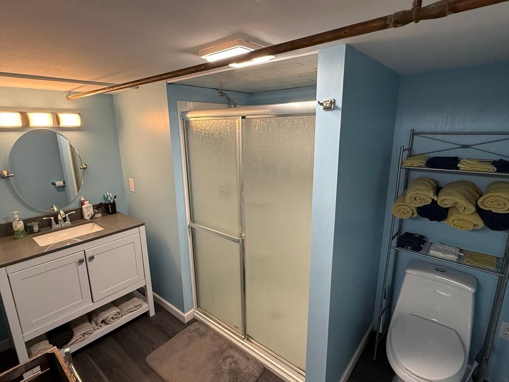 Bathroom, Glass Shower, Interior, Wood Texture Flooring
