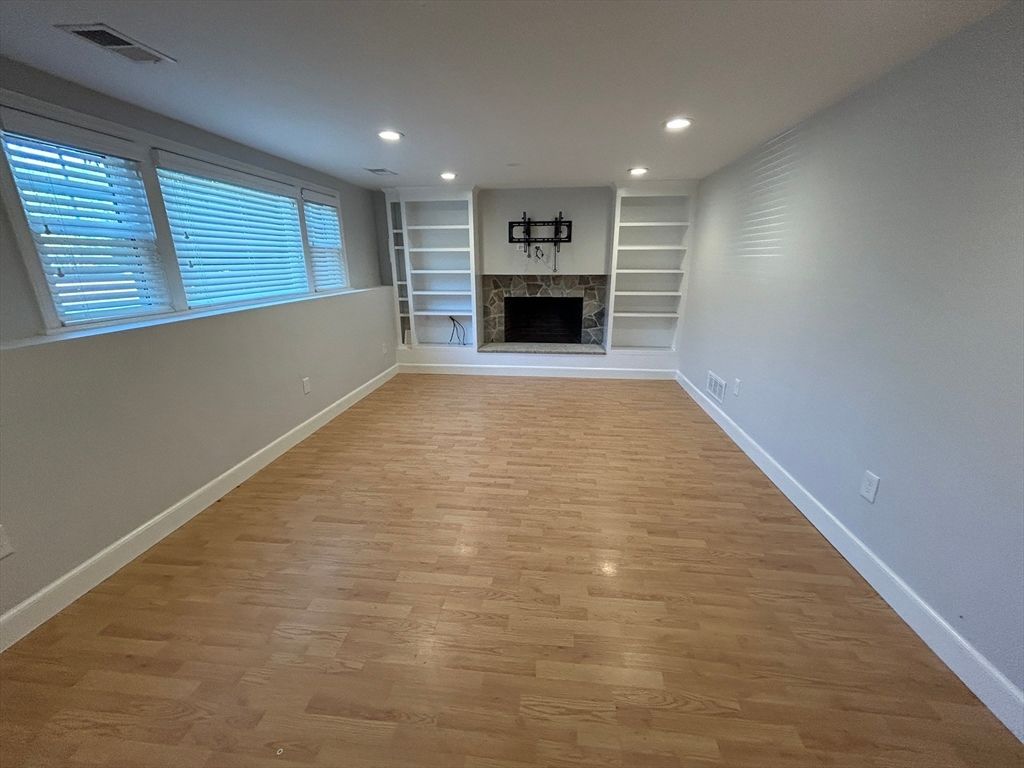 Empty room, Fireplace, Interior, Recessed Lighting, Wood Texture Flooring