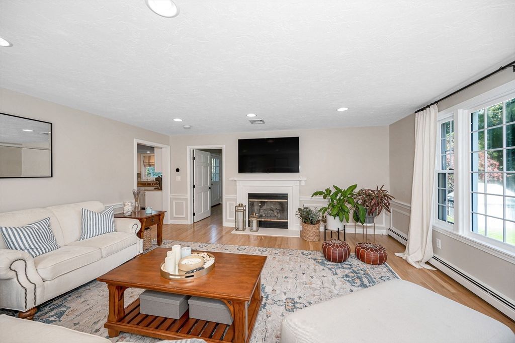 Fireplace, Interior, Living room, Recessed Lighting, Wood Texture Flooring