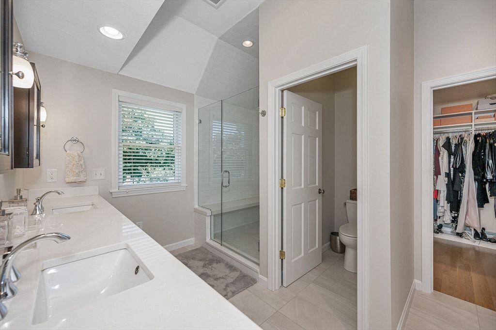 Bathroom, Dual Sink Vanities, Glass Shower, Interior, Recessed Lighting, Walk-in Closets