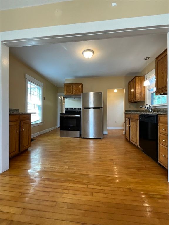 Interior, Kitchen, Pendant Lights, Stainless Steel Appliances, Wood Texture Flooring