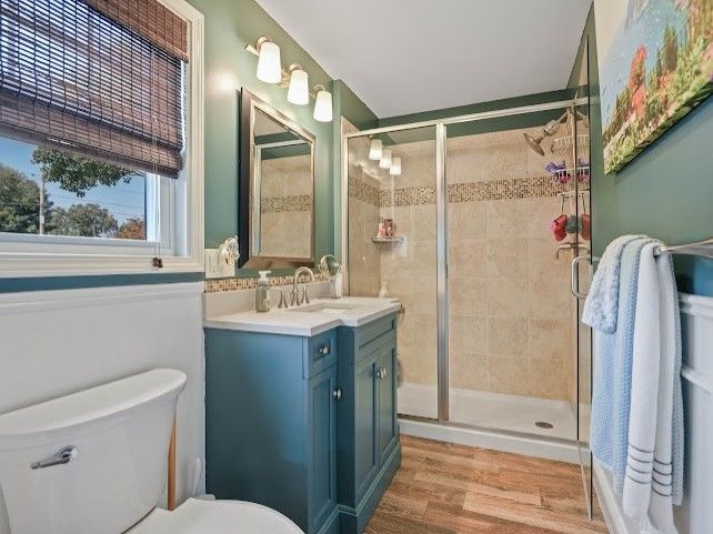 Bathroom, Glass Shower, Interior, Wood Texture Flooring