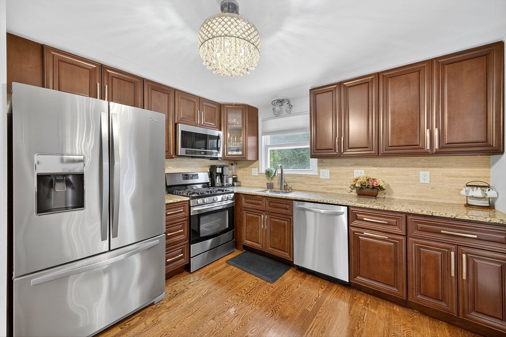 Chandelier, Interior, Kitchen, Stainless Steel Appliances, Wood Texture Flooring