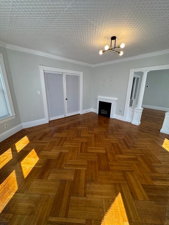 Empty room, Fireplace, Interior, Pendant Lights, Wood Texture Flooring