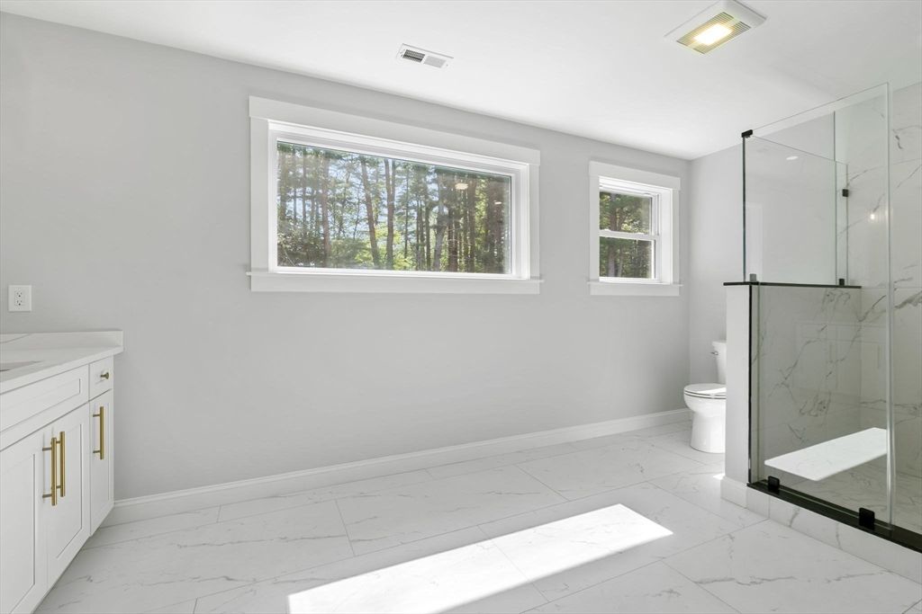 Bathroom, Glass Shower, Interior, Marble, Marble Walls, Recessed Lighting