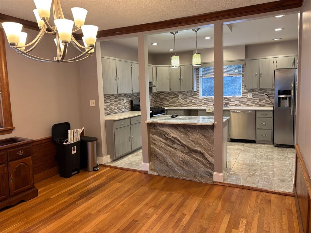 Chandelier, Interior, Kitchen, Pendant Lights, Recessed Lighting, Wood Texture Flooring