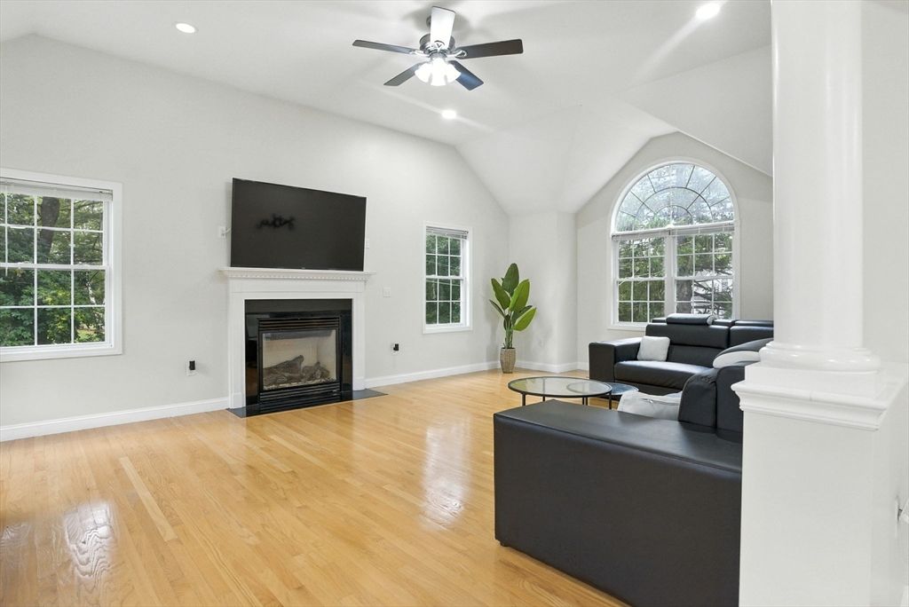 Fireplace, Interior, Living room, Recessed Lighting, Wood Texture Flooring