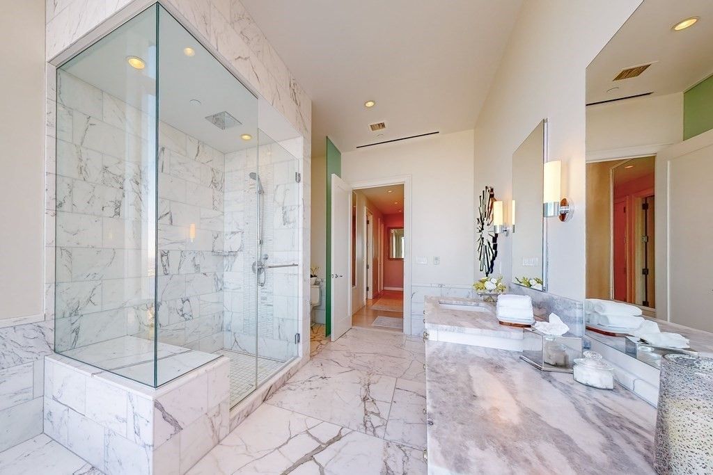 Bathroom, Glass Shower, Interior, Marble, Marble Walls, Recessed Lighting