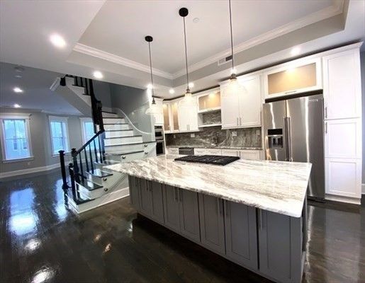 Interior, Kitchen, Pendant Lights, Recessed Lighting, Stainless Steel Appliances, Wood Texture Flooring