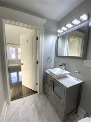 Bathroom, Dual Sink Vanities, Interior, Marble, Wood Texture Flooring