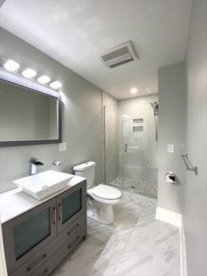 Bathroom, Glass Shower, Interior, Marble, Recessed Lighting