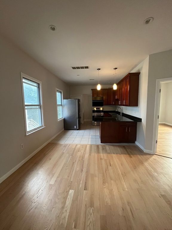 Interior, Kitchen, Pendant Lights, Wood Texture Flooring