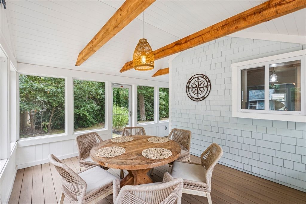 Dining room, Interior, Pendant Lights, Stone Walls, Wooden Beams, Wood Texture Flooring