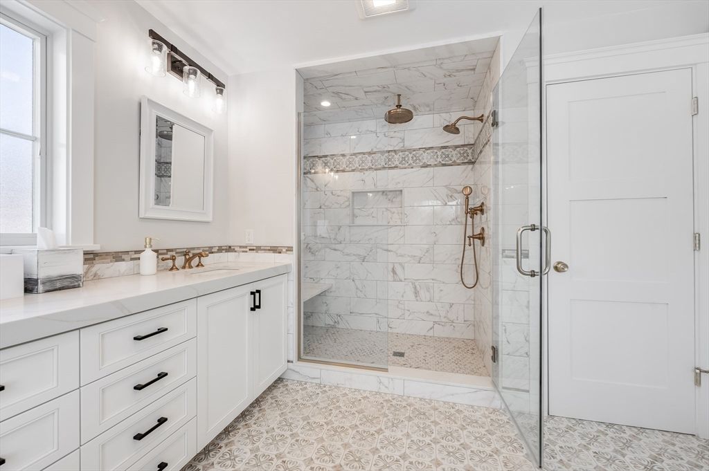 Bathroom, Glass Shower, Interior, Marble Walls, Recessed Lighting