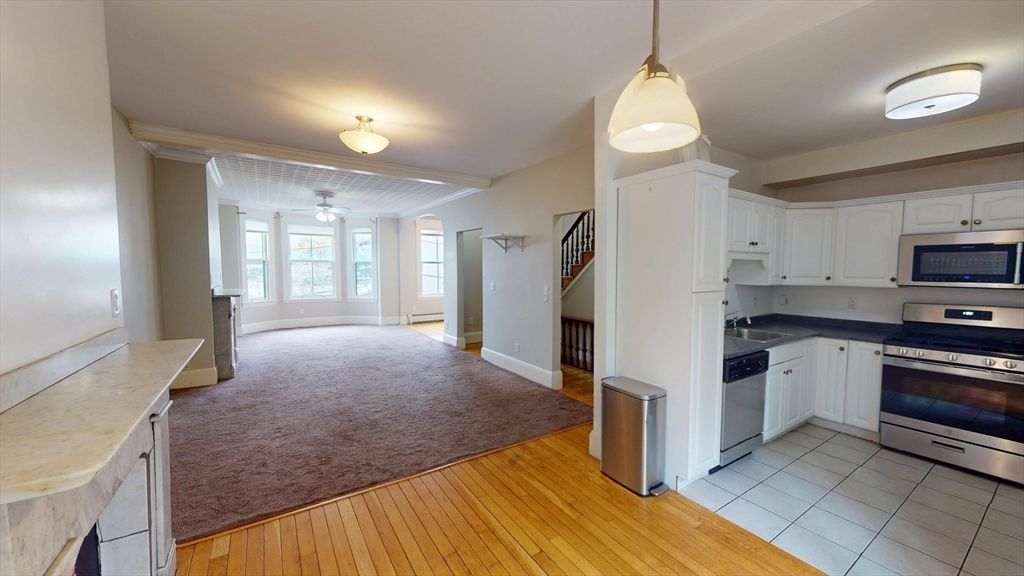 Interior, Kitchen, Pendant Lights, Stainless Steel Appliances, Wood Texture Flooring