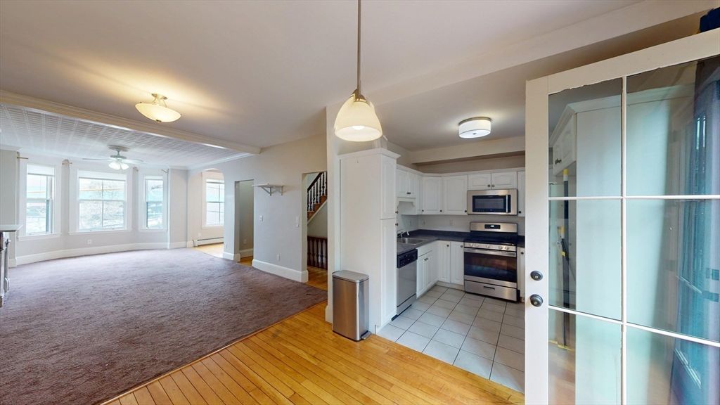 Interior, Kitchen, Pendant Lights, Stainless Steel Appliances, Wood Texture Flooring
