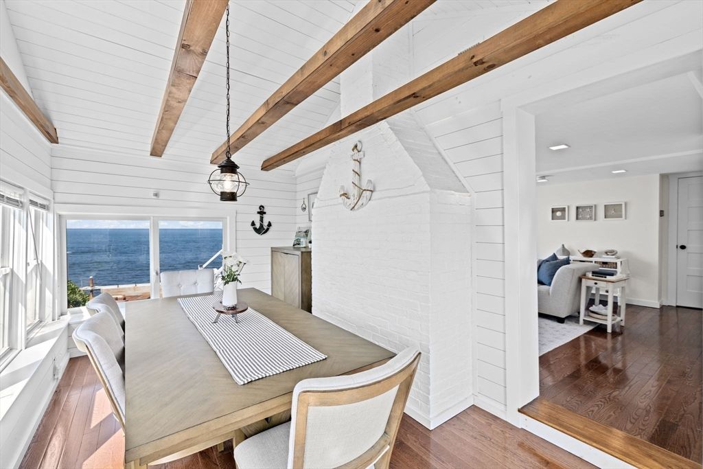 Dining room, Interior, Recessed Lighting, Water, Wooden Beams, Wood Texture Flooring