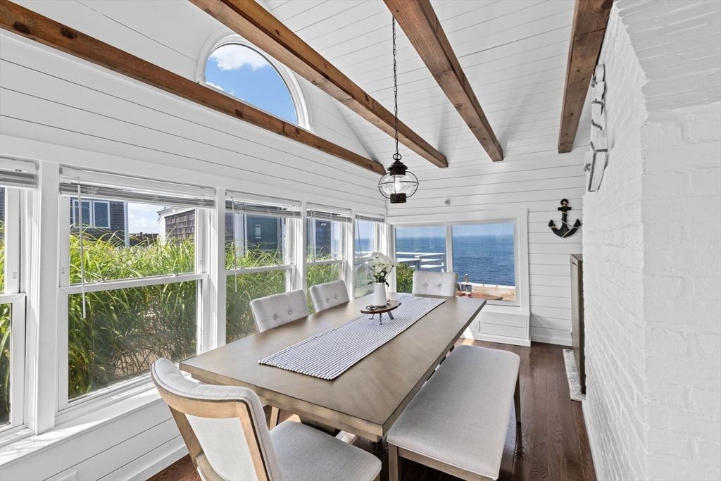 Dining room, Interior, Pendant Lights, Stone Walls, Water, Wooden Beams, Wood Texture Flooring