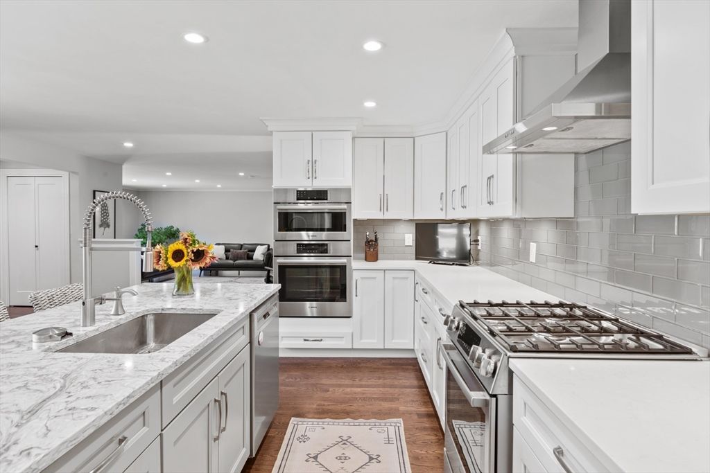 Interior, Kitchen, Recessed Lighting, Stainless Steel Appliances, Wood Texture Flooring