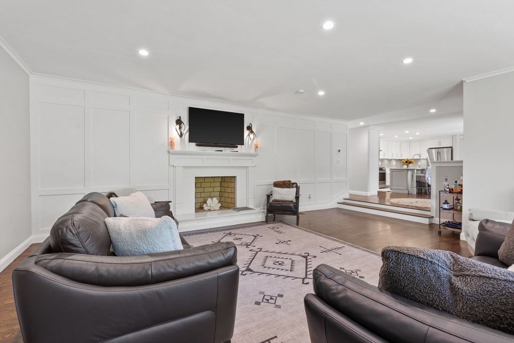 Fireplace, Interior, Kitchen, Living room, Recessed Lighting, Wood Texture Flooring