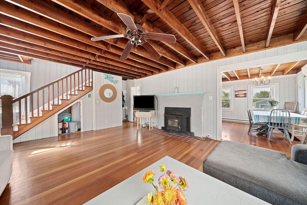 Chandelier, Dining room, Fireplace, Interior, Wooden Beams, Wooden Ceilings, Wood Texture Flooring