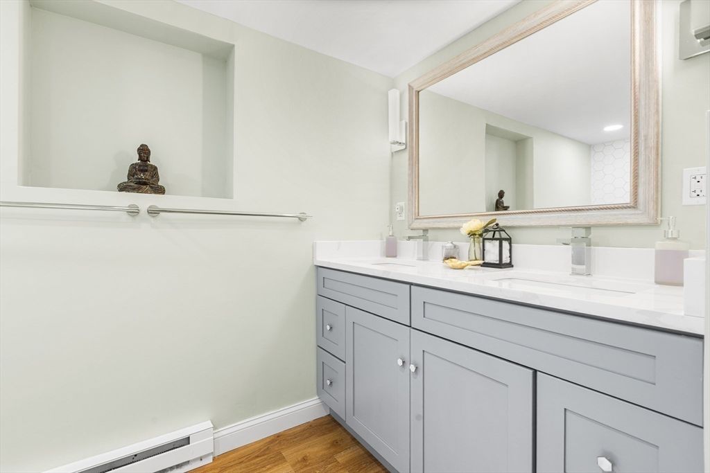 Bathroom, Dual Sink Vanities, Interior, Recessed Lighting, Wood Texture Flooring