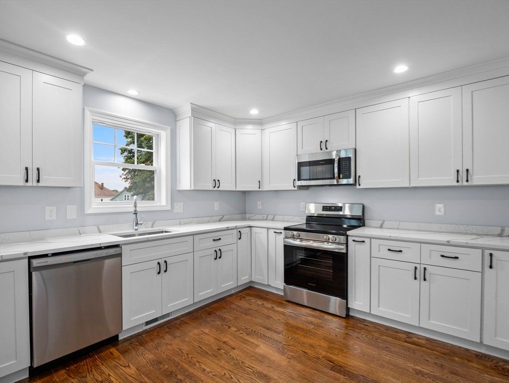 Interior, Kitchen, Recessed Lighting, Stainless Steel Appliances, Wood Texture Flooring