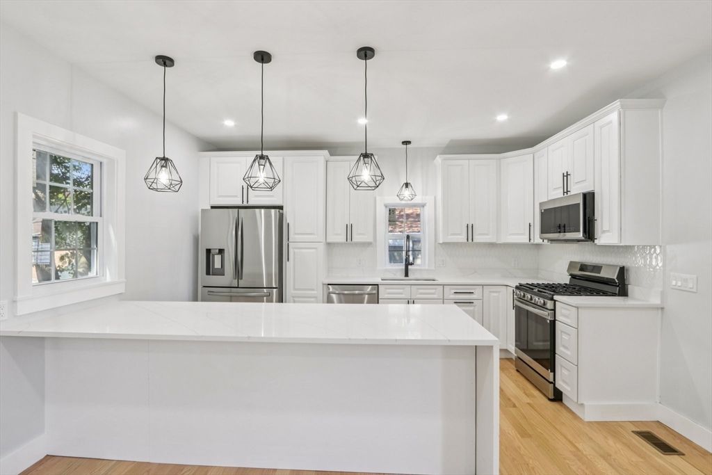 Interior, Kitchen, Pendant Lights, Recessed Lighting, Stainless Steel Appliances, Wood Texture Flooring