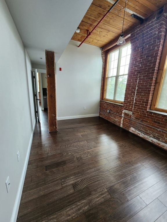 Empty room, Interior, Pendant Lights, Stone Walls, Wooden Beams, Wooden Ceilings, Wood Texture Flooring