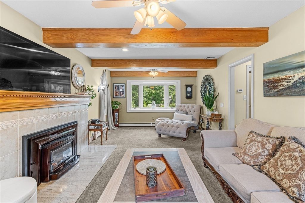 Fireplace, Interior, Living room, Recessed Lighting, Wooden Beams